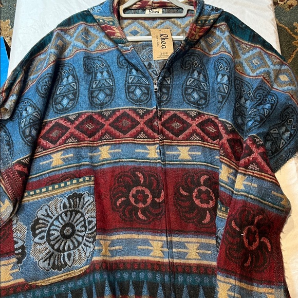 Rhea Boho Blue and Brown Shawl Poncho Fringe Zip Up with hood Oversized - Picture 6 of 6